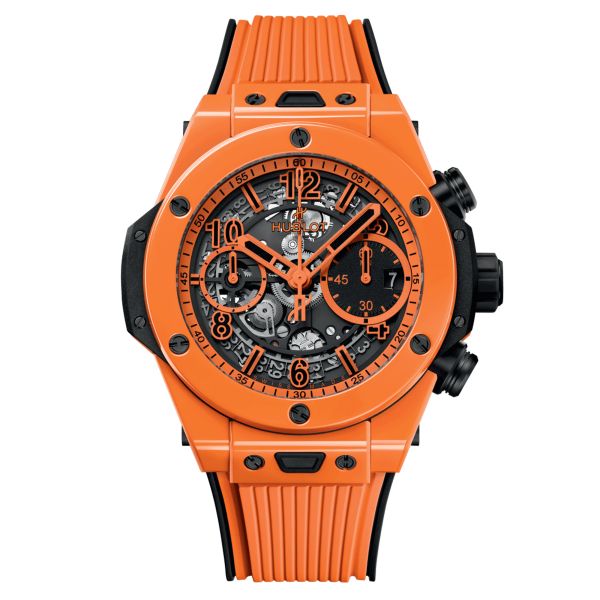Montre Hublot Big Bang Unico Orange Ceramic automatique cadran squelette bracelet caoutchouc orange 42 mm 441.CU.5910.RX