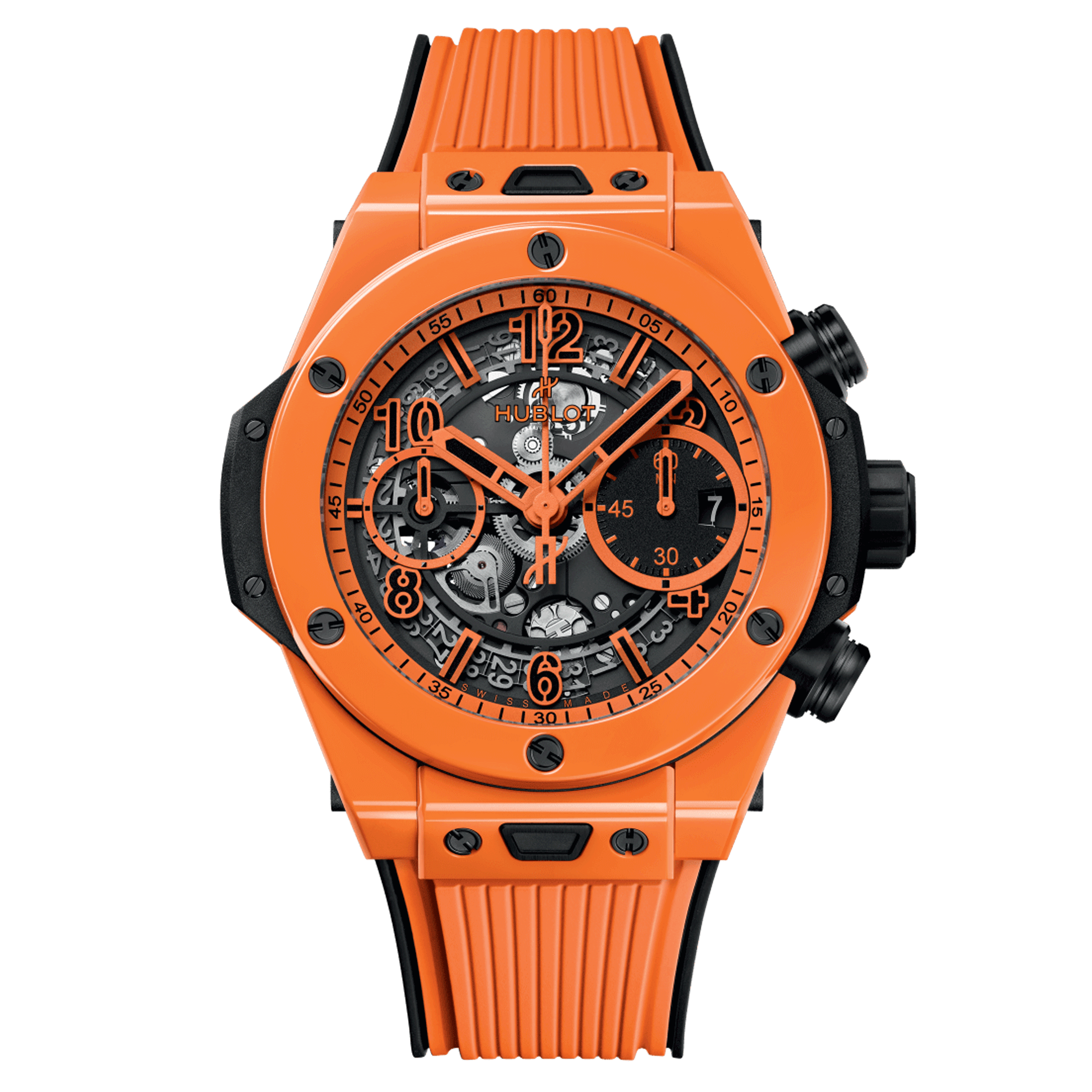 Montre Hublot Big Bang Unico Orange Ceramic automatique cadran squelette bracelet caoutchouc orange 42 mm 441.CU.5910.RX