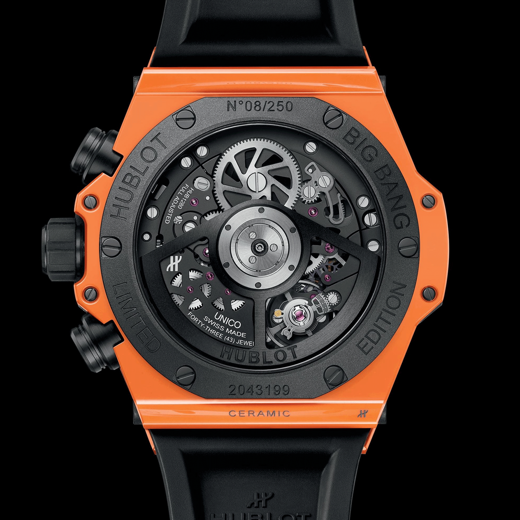 Montre Hublot Big Bang Unico Orange Ceramic automatique cadran squelette bracelet caoutchouc orange 42 mm 441.CU.5910.RX