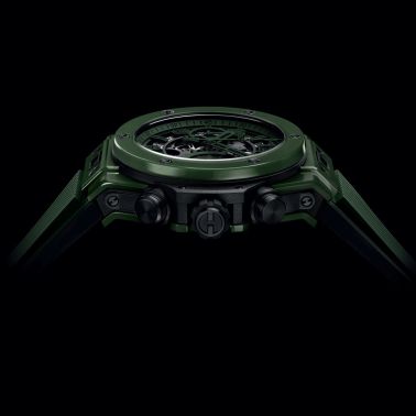 Hublot Big Bang Unico Dark Green Ceramic automatic watch skeleton dial orange rubber strap 42 mm 441.GX.5210.RX