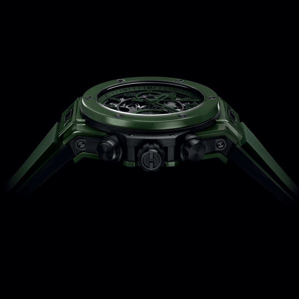 Hublot Big Bang Unico Dark Green Ceramic automatic watch skeleton dial orange rubber strap 42 mm 441.GX.5210.RX