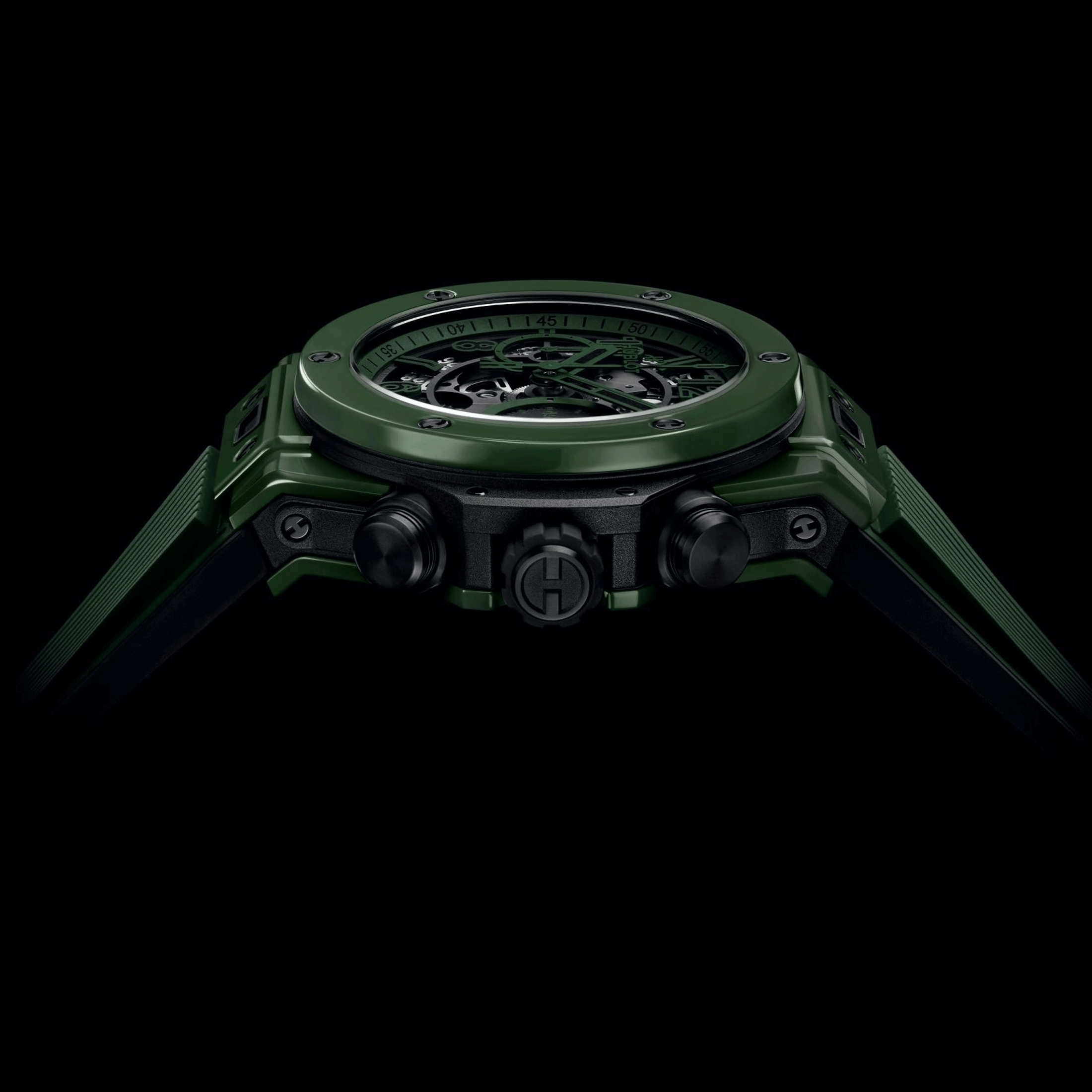Hublot Big Bang Unico Dark Green Ceramic automatic watch skeleton dial orange rubber strap 42 mm 441.GX.5210.RX