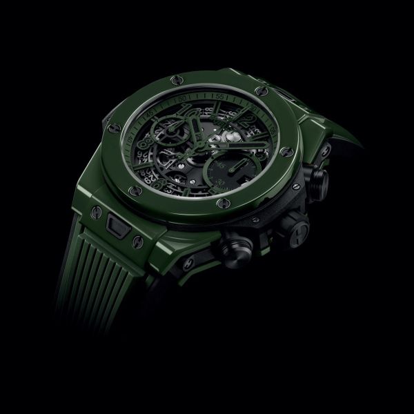 Hublot Big Bang Unico Dark Green Ceramic automatic watch skeleton dial orange rubber strap 42 mm 441.GX.5210.RX
