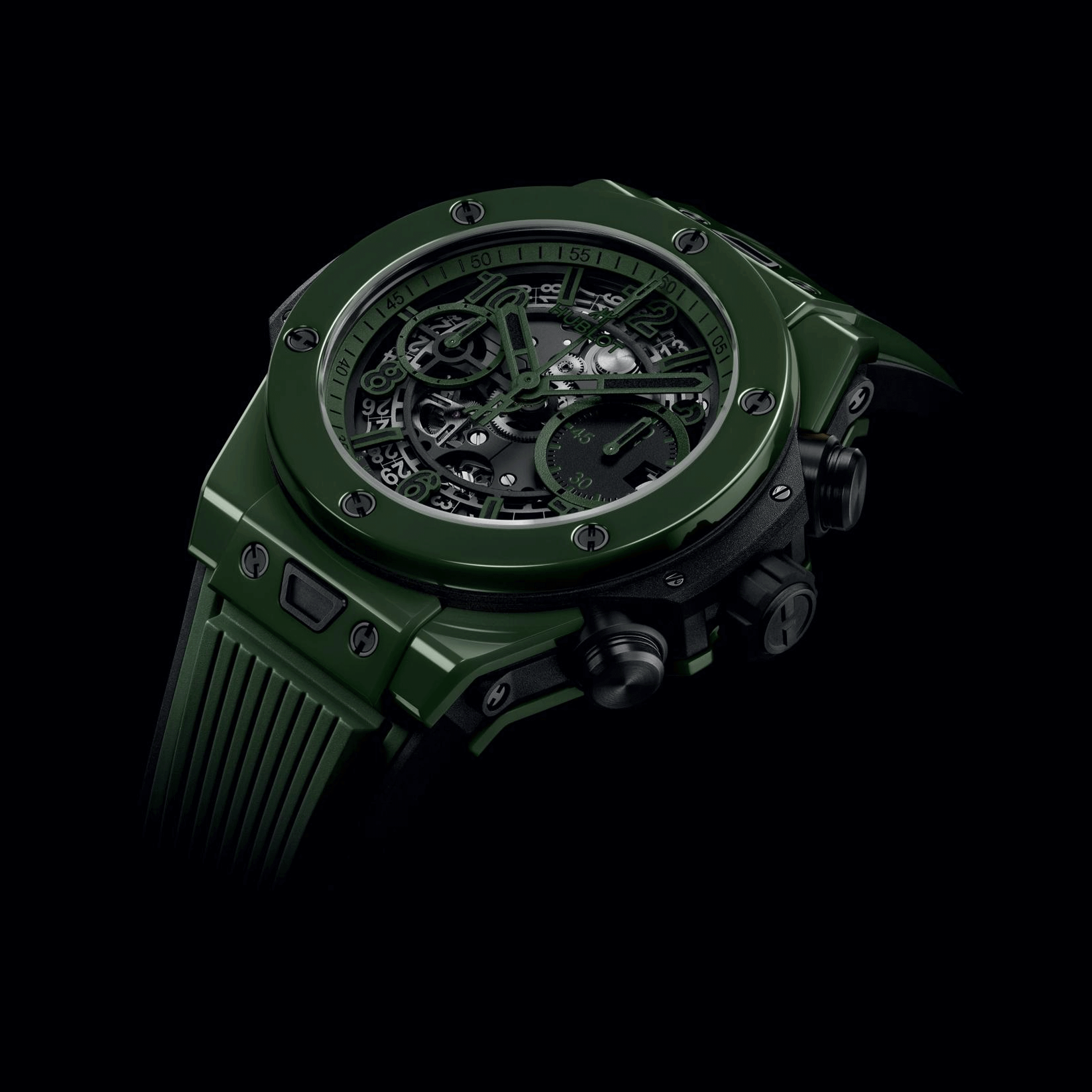 Hublot Big Bang Unico Dark Green Ceramic automatic watch skeleton dial orange rubber strap 42 mm 441.GX.5210.RX