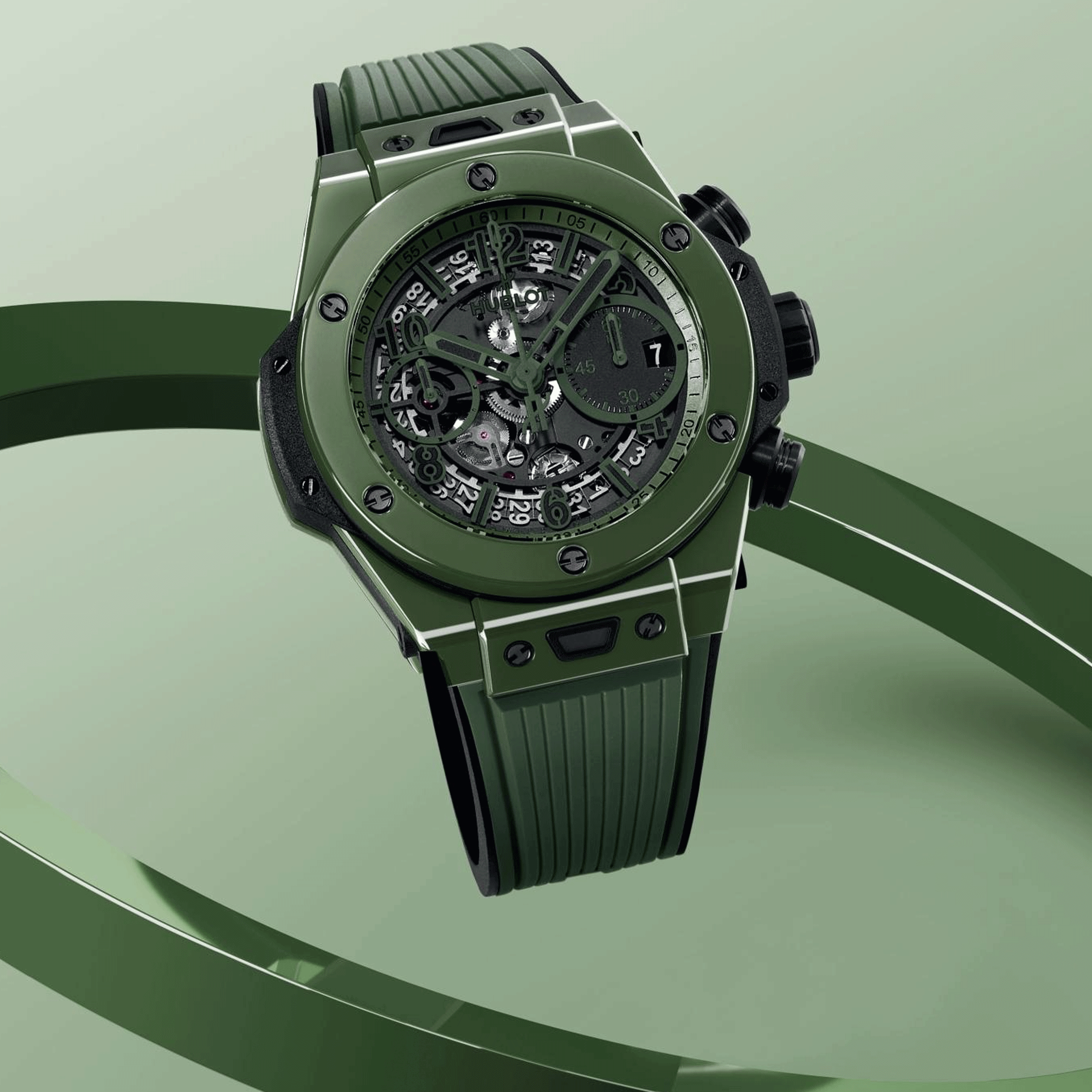 Hublot Big Bang Unico Dark Green Ceramic automatic watch skeleton dial orange rubber strap 42 mm 441.GX.5210.RX