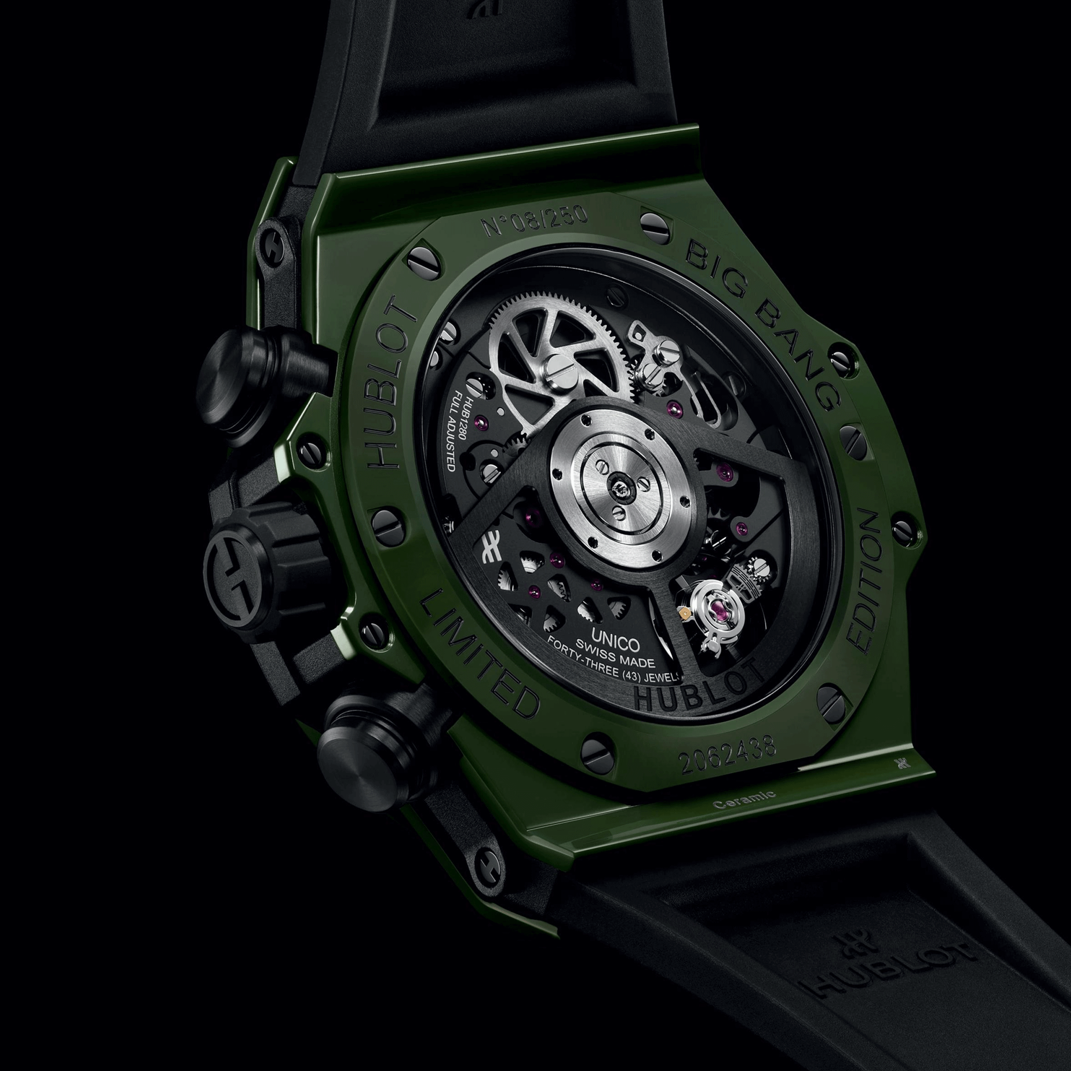 Hublot Big Bang Unico Dark Green Ceramic automatic watch skeleton dial orange rubber strap 42 mm 441.GX.5210.RX