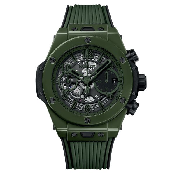 Hublot Big Bang Unico Dark Green Ceramic automatic watch skeleton dial orange rubber strap 42 mm 441.GX.5210.RX