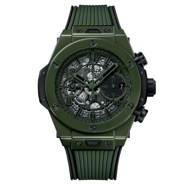 Montre Hublot Big Bang Unico Dark Green Ceramic automatique cadran squelette bracelet caoutchouc orange 42 mm 441.GX.5210.RX