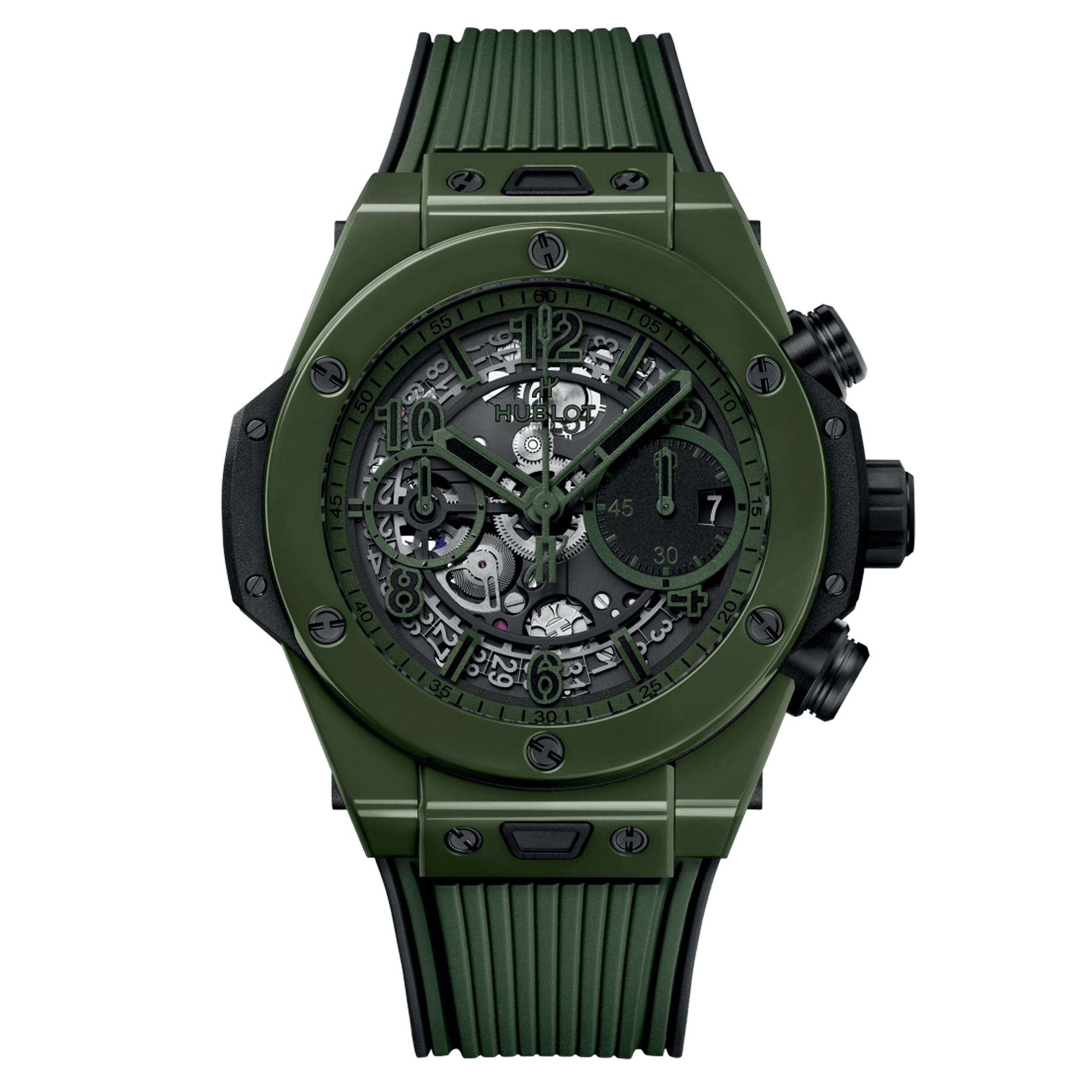 Hublot Big Bang Unico Dark Green Ceramic automatic watch skeleton dial orange rubber strap 42 mm 441.GX.5210.RX