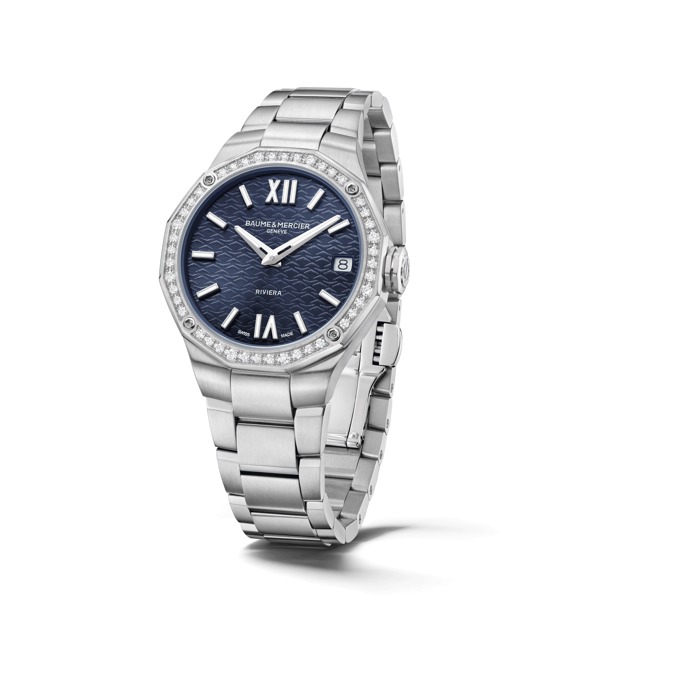 Montre Baume et Mercier Riviera quartz lunette sertie cadran bleu bracelet acier 33 mm 10765