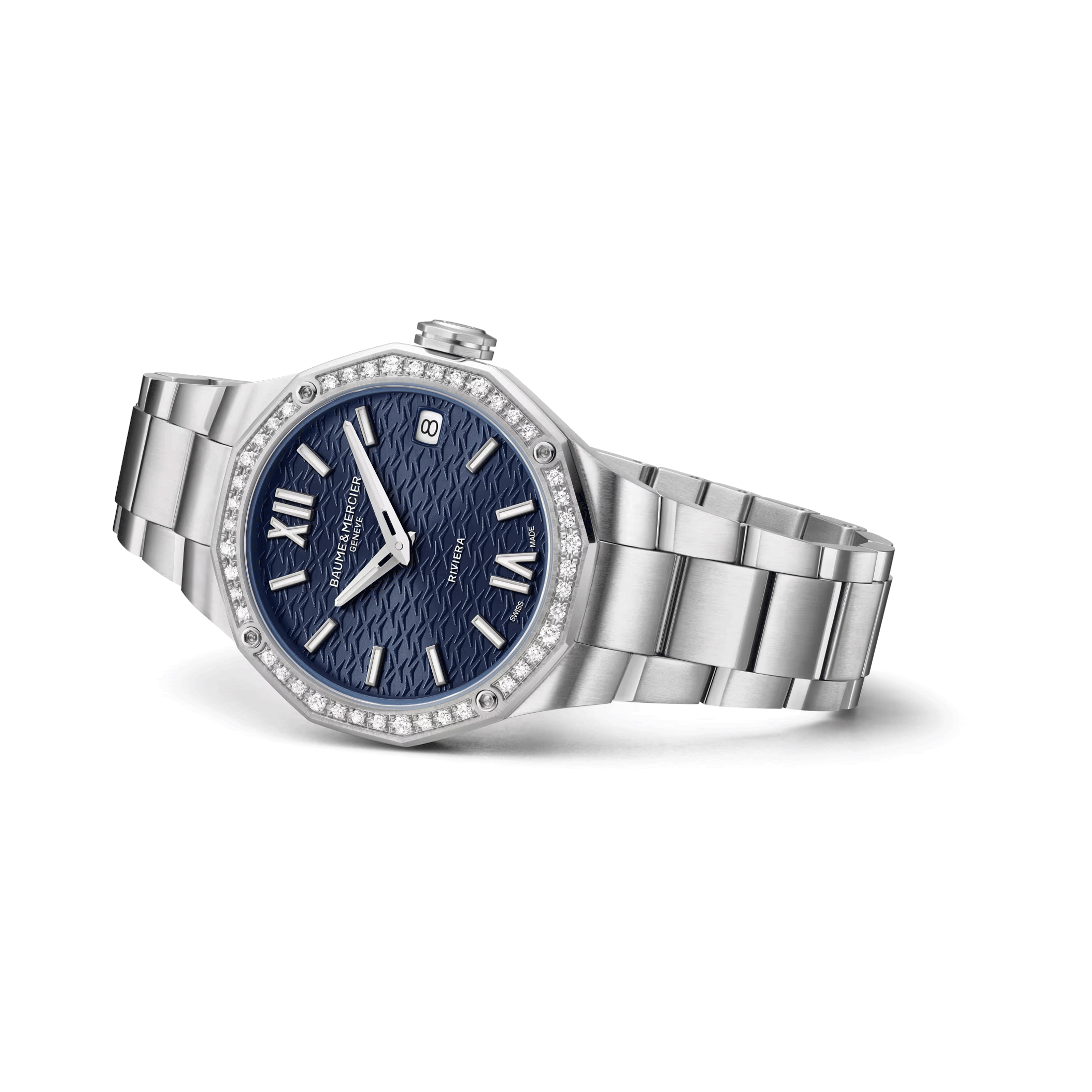 Montre Baume et Mercier Riviera quartz lunette sertie cadran bleu bracelet acier 33 mm 10765