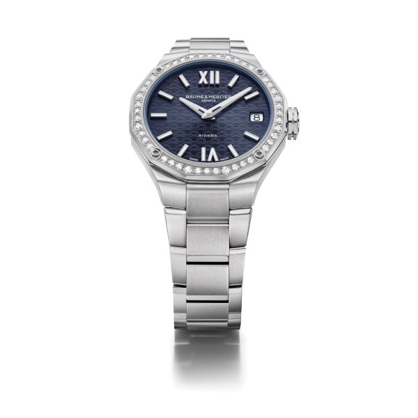 Montre Baume et Mercier Riviera quartz lunette sertie cadran bleu bracelet acier 33 mm 10765