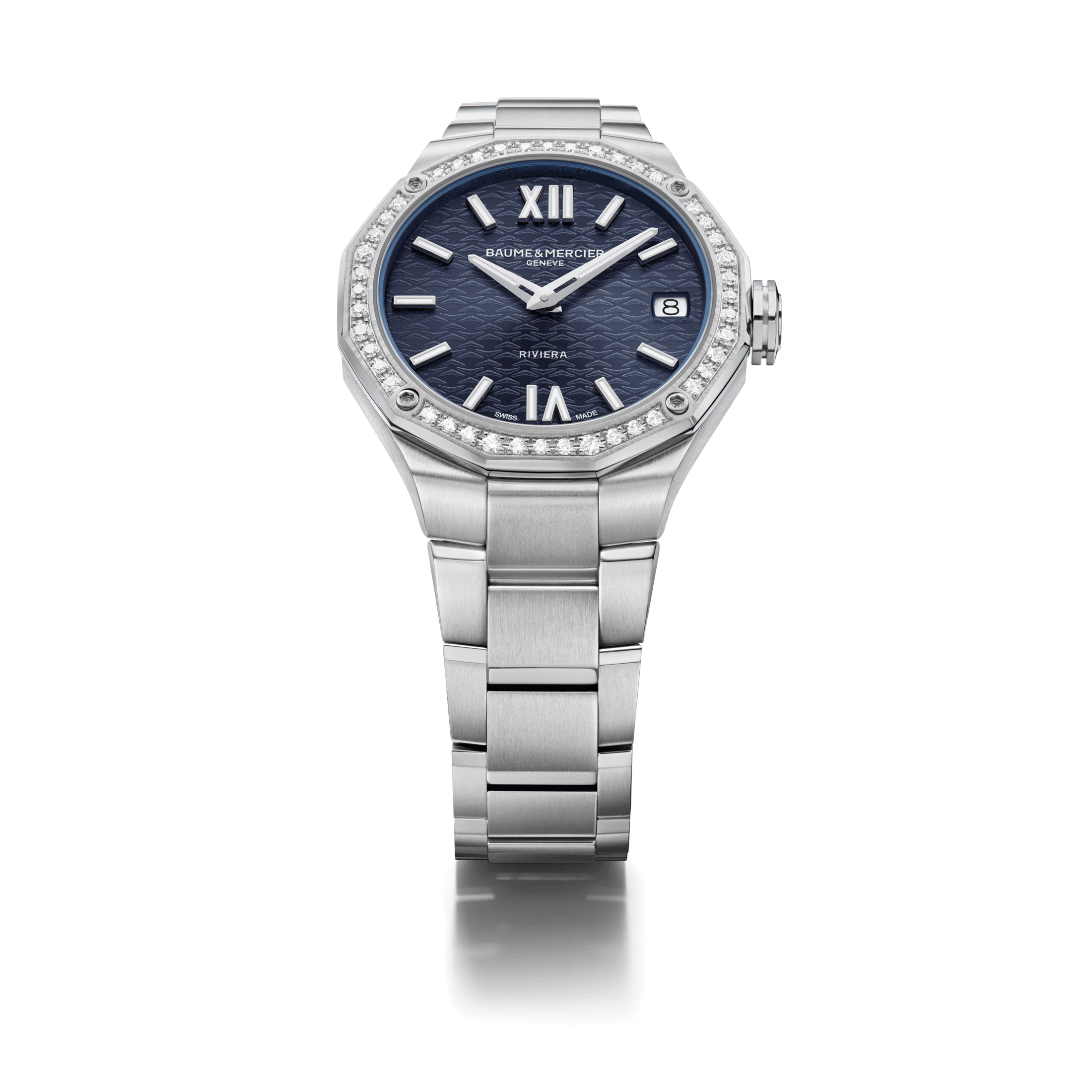 Montre Baume et Mercier Riviera quartz lunette sertie cadran bleu bracelet acier 33 mm 10765