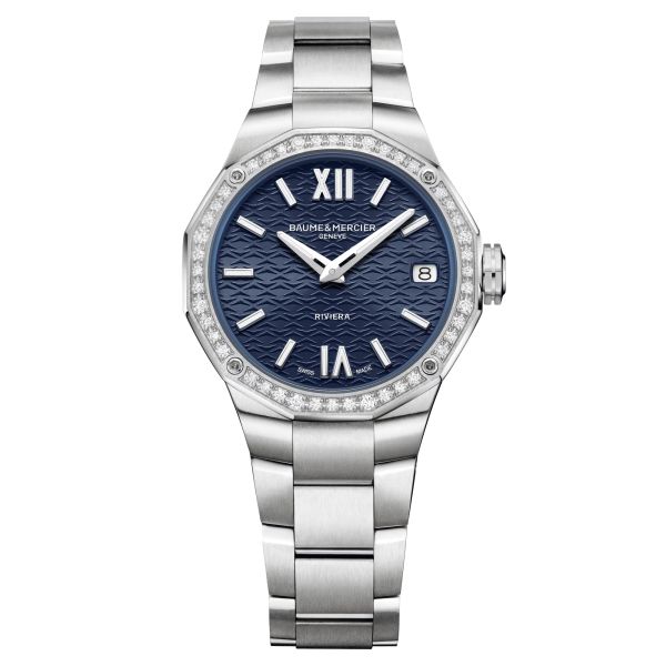Baume et Mercier Riviera quartz watch bezel set blue dial steel bracelet 33 mm 10765