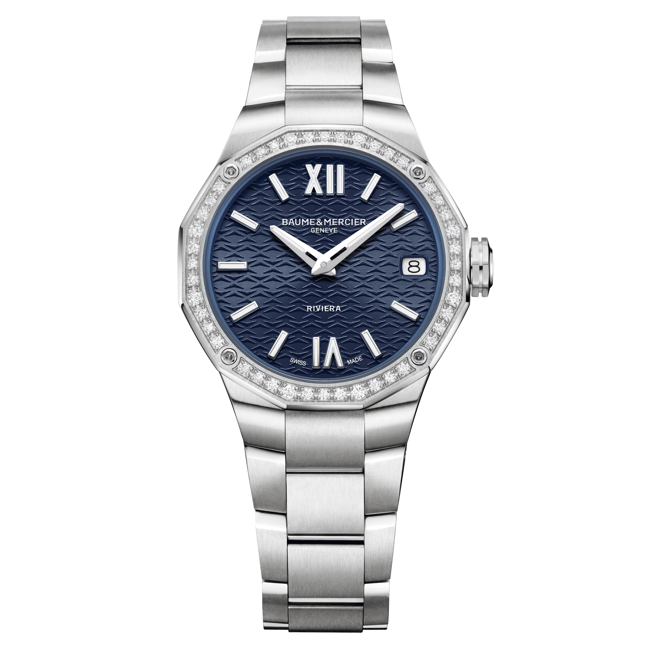 Montre Baume et Mercier Riviera quartz lunette sertie cadran bleu bracelet acier 33 mm 10765