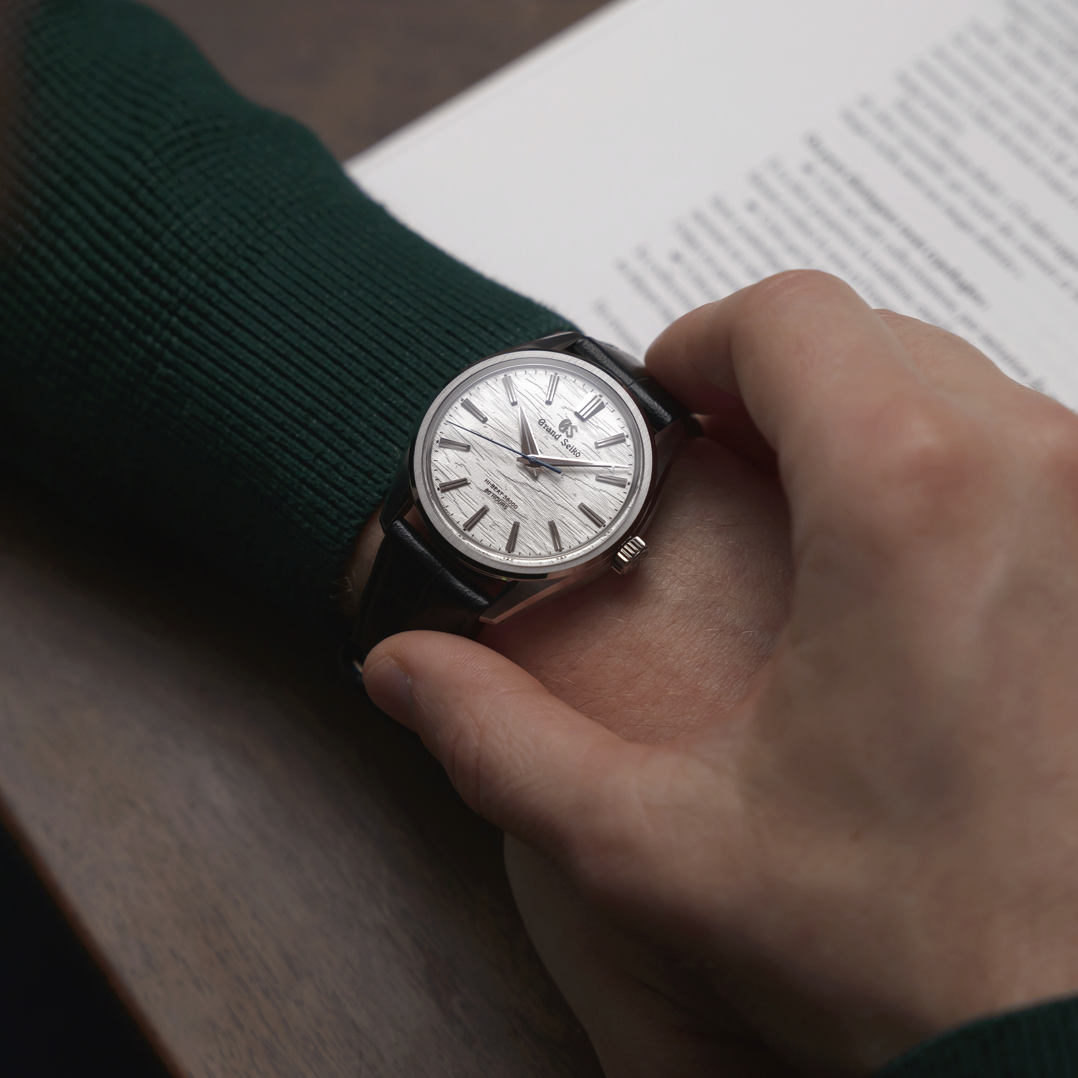 Montre Grand Seiko Evolution 9 "Birch Bark" Hi-Beats mécanique cadran blanc bracelet cuir 38,6 mm