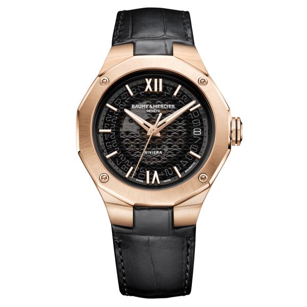 Baume et Mercier Riviera Rose Gold automatic watch black transparent dial leather strap 39 mm 10787