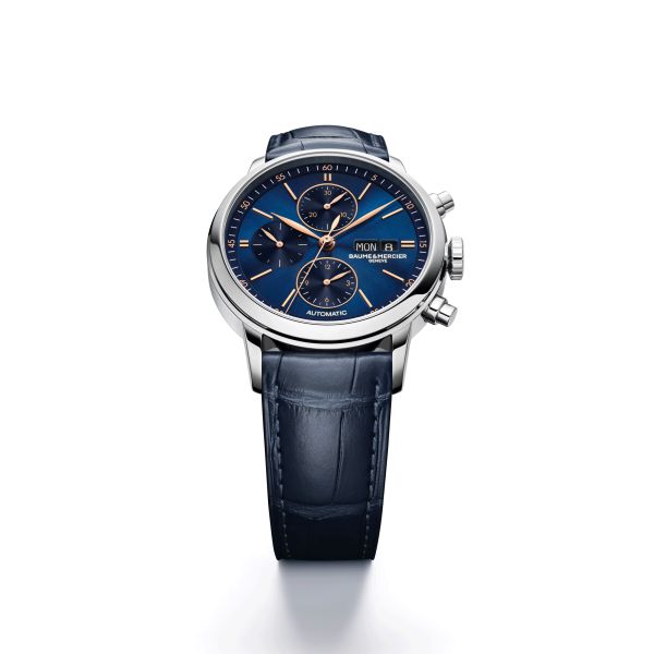 Montre Baume et Mercier Classima Chronographe automatique cadran bleu bracelet cuir bleu 42 mm 10784