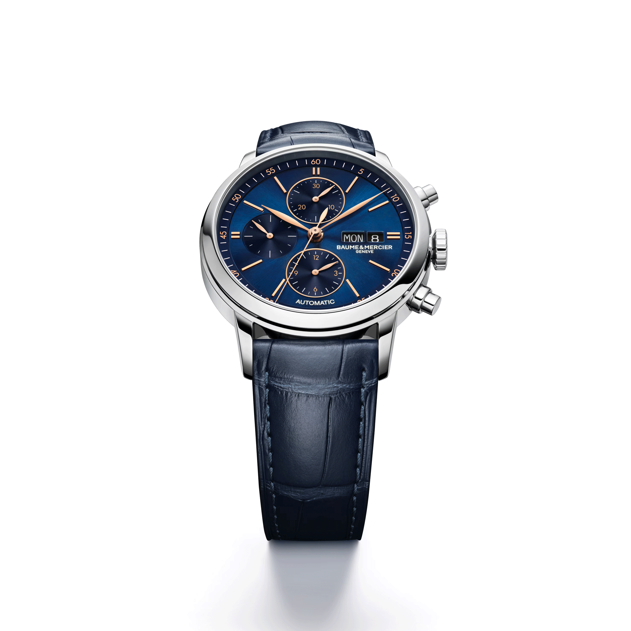 Montre Baume et Mercier Classima Chronographe automatique cadran bleu bracelet cuir bleu 42 mm 10784