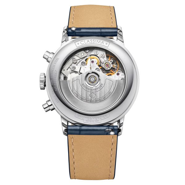 Baume et Mercier Classima automatic chronograph watch blue dial blue leather strap 42 mm 10784
