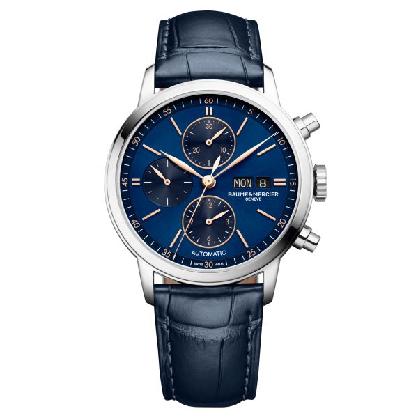 Baume et Mercier Classima automatic chronograph watch blue dial blue leather strap 42 mm 10784