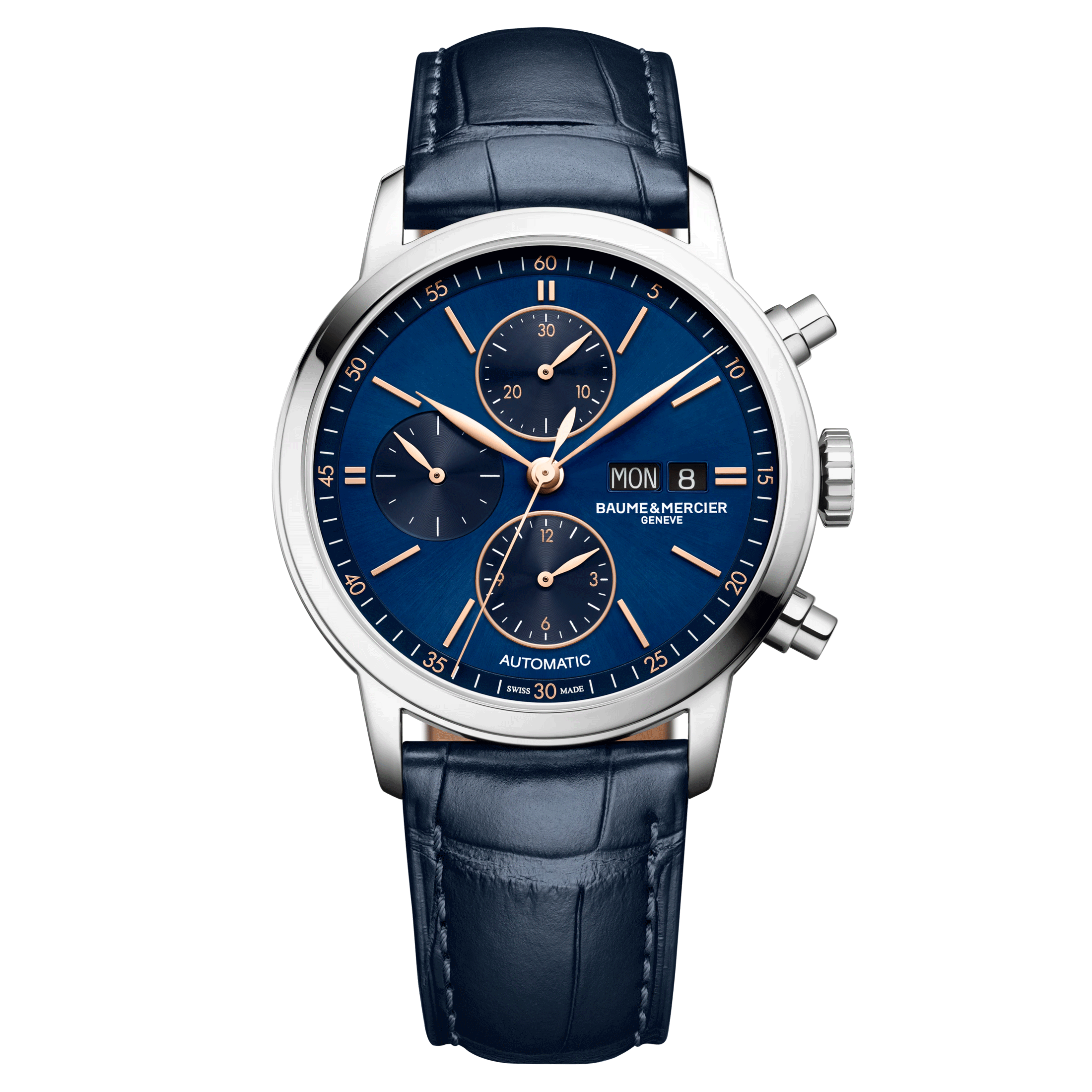 Montre Baume et Mercier Classima Chronographe automatique cadran bleu bracelet cuir bleu 42 mm 10784