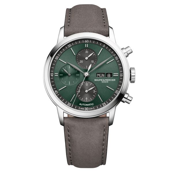 Baume et Mercier Classima automatic chronograph watch green dial grey leather strap 42 mm 10783