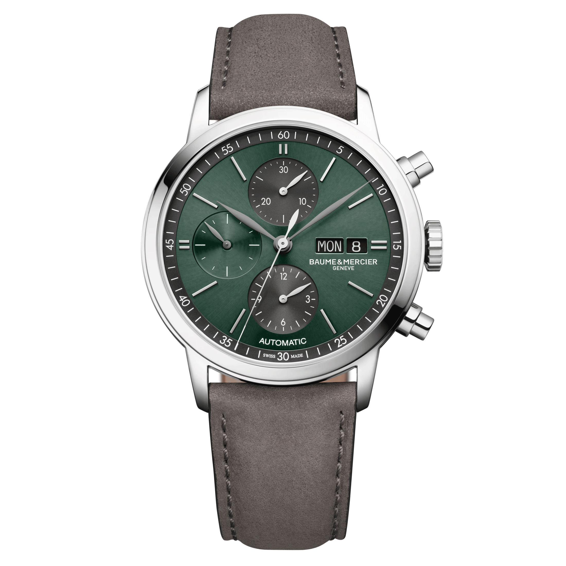 Montre Baume et Mercier Classima Chronographe automatique cadran vert bracelet cuir gris 42 mm 10783