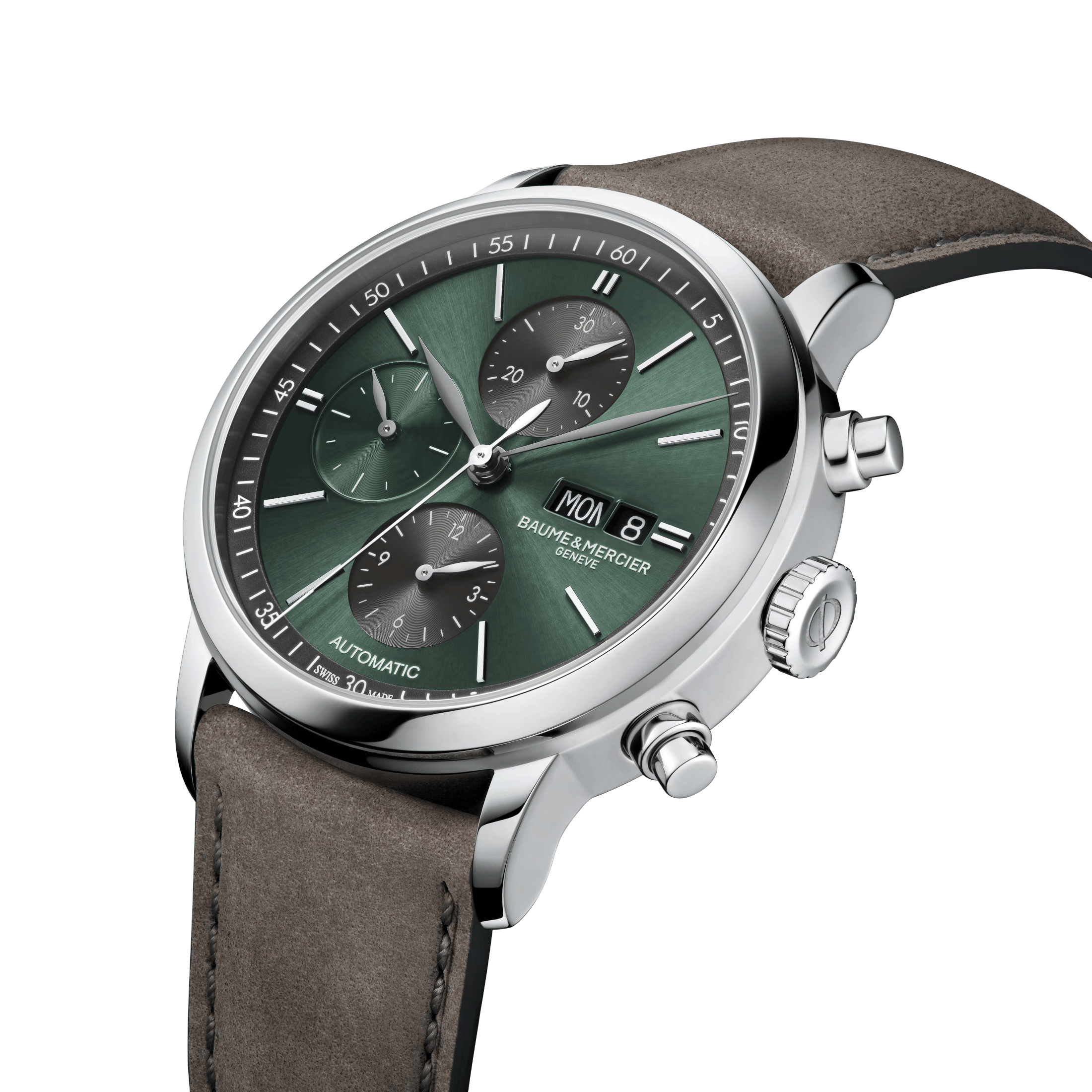 Montre Baume et Mercier Classima Chronographe automatique cadran vert bracelet cuir gris 42 mm 10783