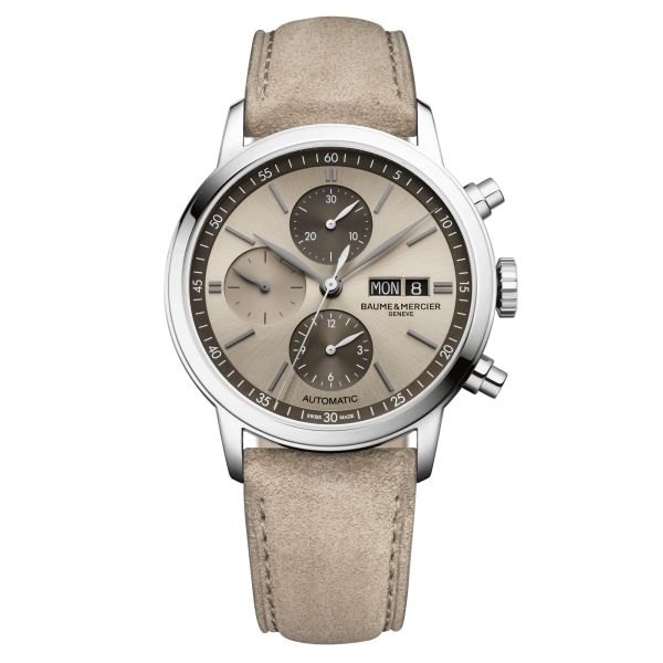 Montre Baume et Mercier Classima Chronographe automatique cadran gris bracelet cuir sable 42 mm 10782