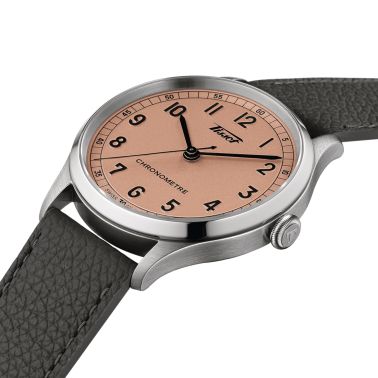 Tissot Heritage COSC 1938 automatic watch pink dial grey leather strap 39 mm T142.464.16.332.00