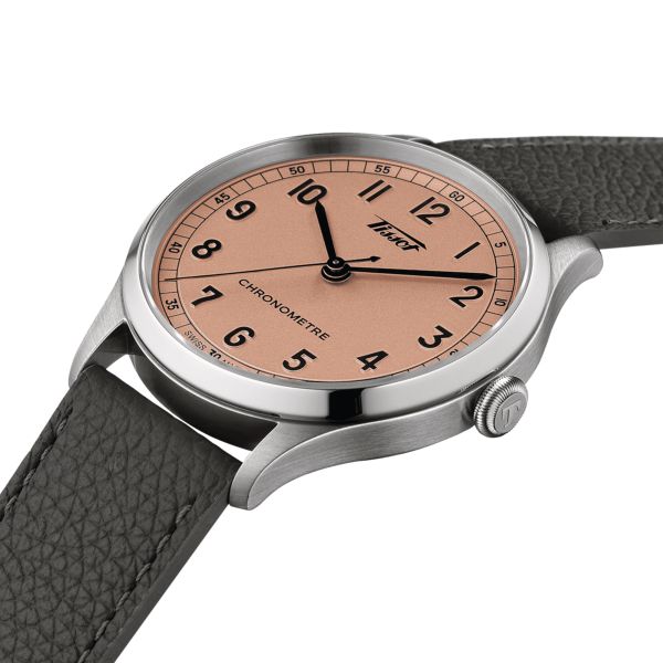 Tissot Heritage COSC 1938 automatic watch pink dial grey leather strap 39 mm T142.464.16.332.00