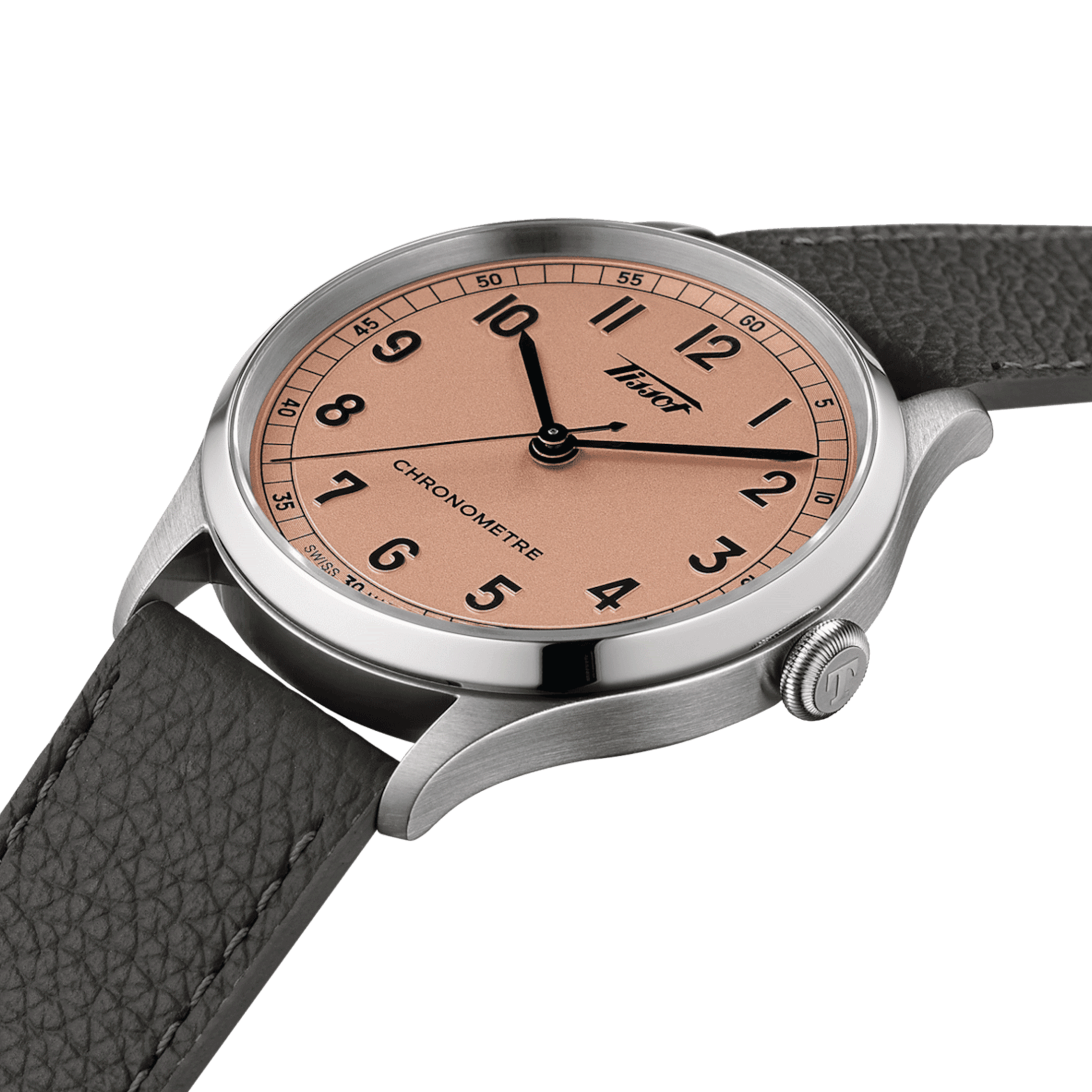 Tissot Heritage COSC 1938 automatic watch pink dial grey leather strap 39 mm T142.464.16.332.00