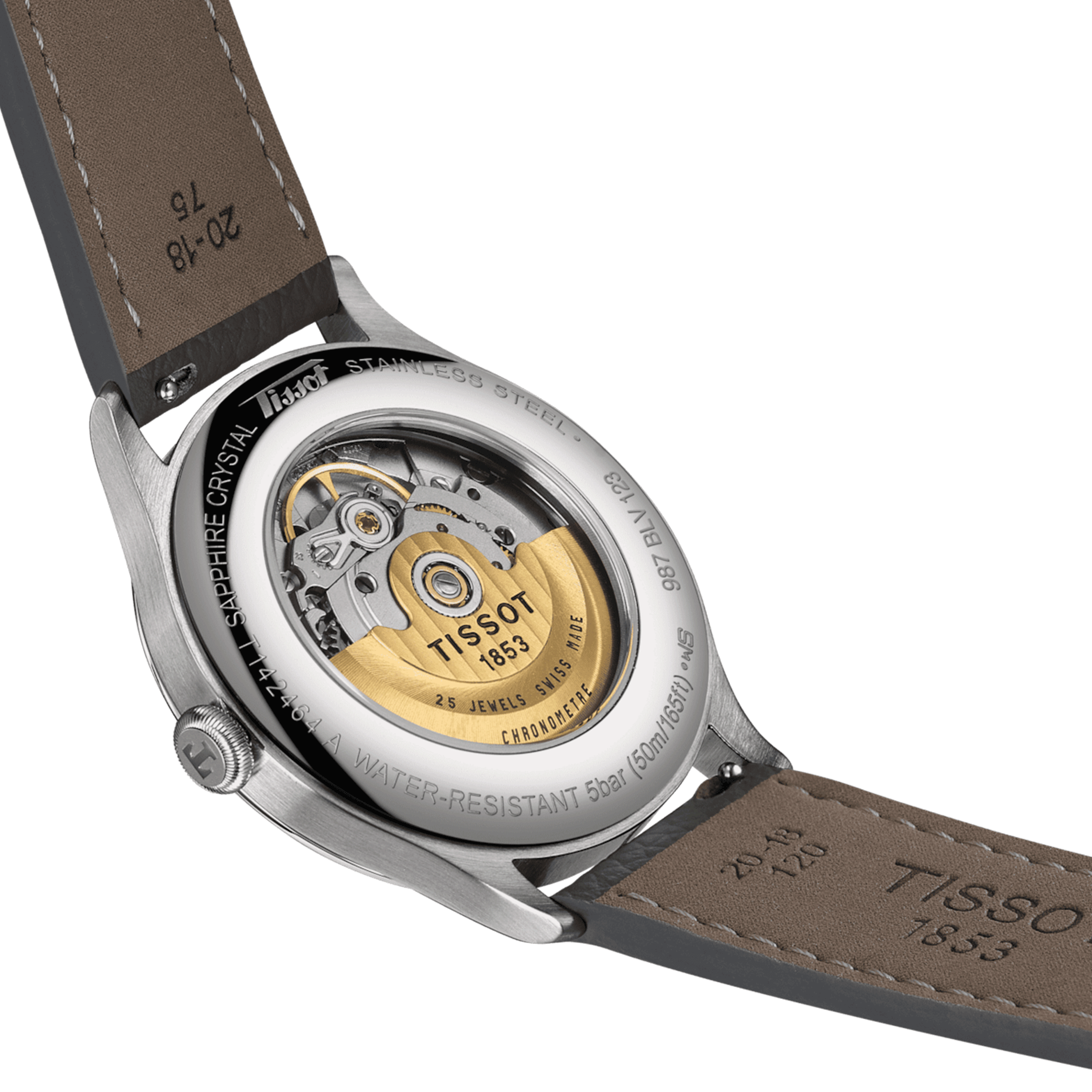 Tissot Heritage COSC 1938 automatic watch pink dial grey leather strap 39 mm T142.464.16.332.00