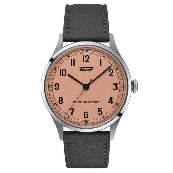Tissot Heritage COSC 1938 automatic watch pink dial grey leather strap 39 mm T142.464.16.332.00
