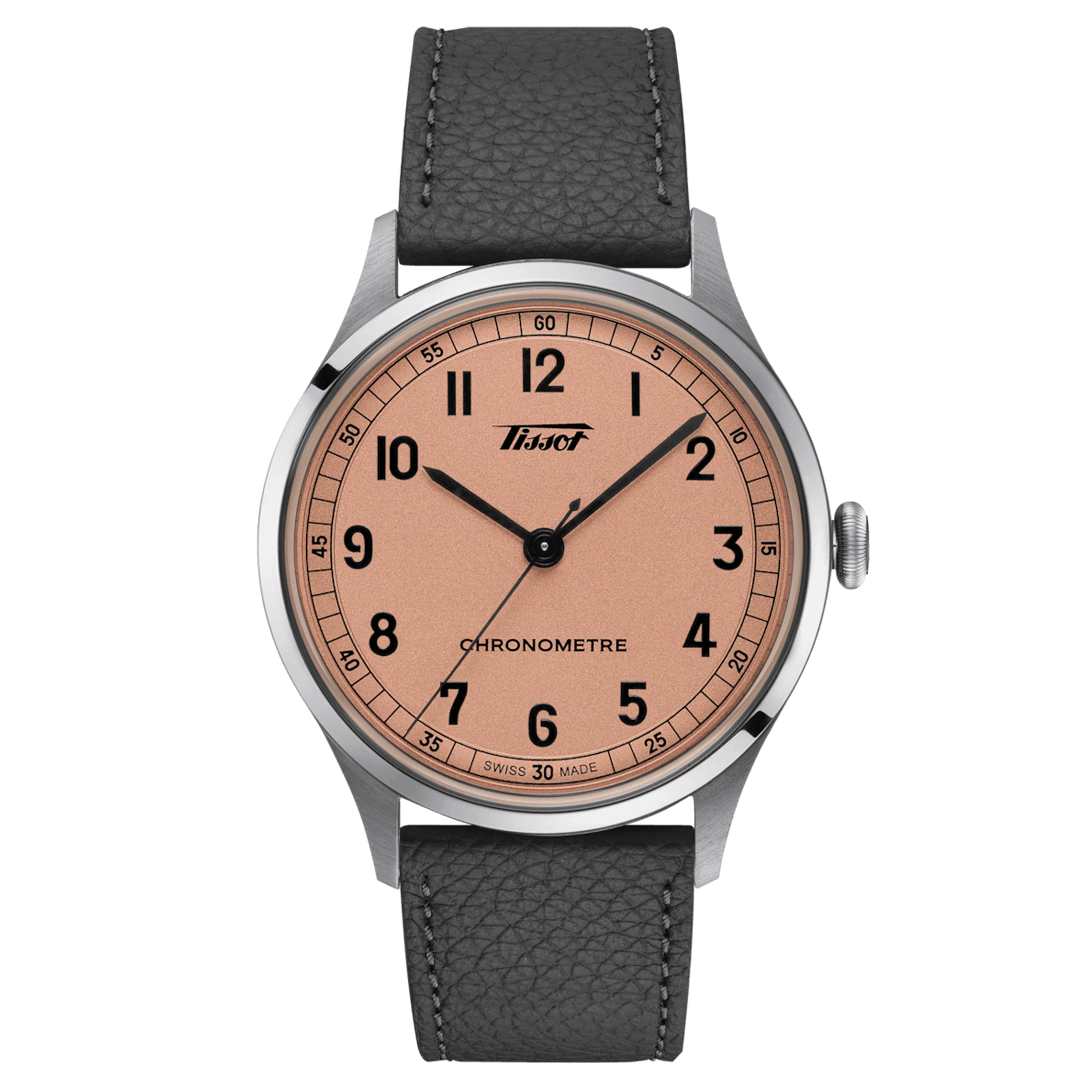 Tissot Heritage COSC 1938 automatic watch pink dial grey leather strap 39 mm T142.464.16.332.00