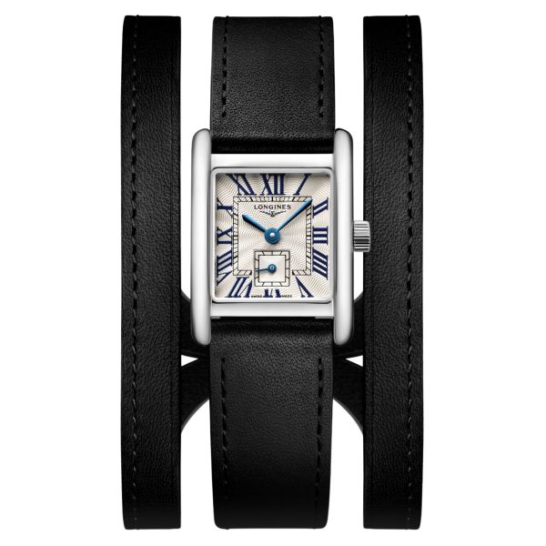 Longines Mini DolceVita quartz watch silver flinqué dial black leather strap double-tour 21,5 x 29 mm