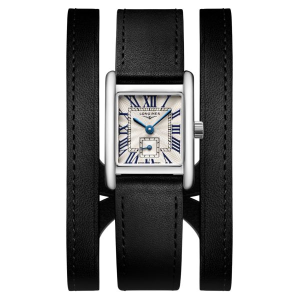 Montre Longines Mini DolceVita quartz cadran argent flinqué bracelet cuir double-tour noir 21,5 x 29 mm