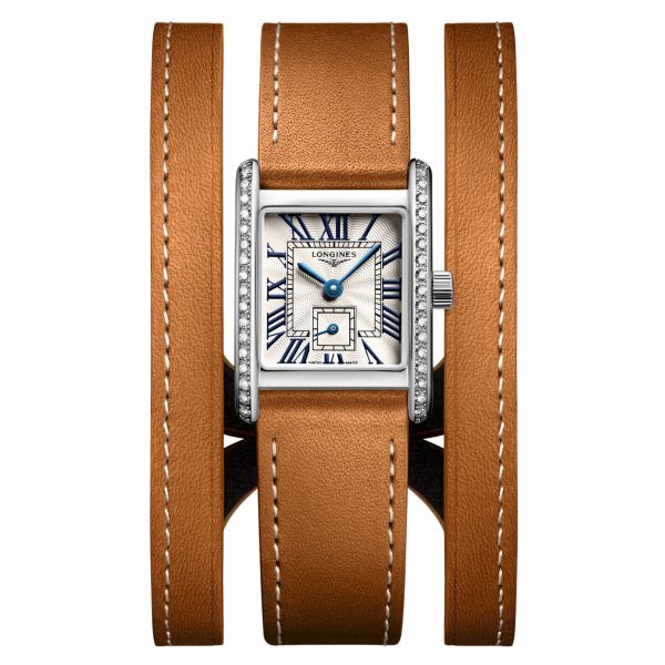 Longines Mini DolceVita quartz watch silver flinqué set bezel dial black leather strap double-tour 21,5 x 29 mm