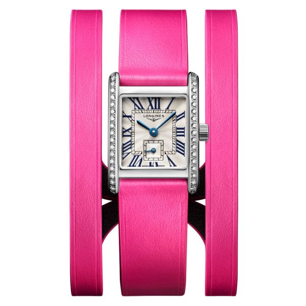 Longines Mini DolceVita quartz watch silver flinqué set bezel dial pink leather strap double-tour 21,5 x 29 mm