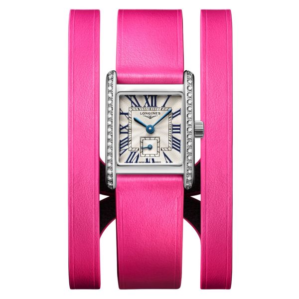 Montre Longines Mini DolceVita quartz cadran argent flinqué lunette sertie bracelet cuir double-tour rose 21,5 x 29 mm