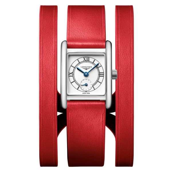 Montre Longines Mini DolceVita quartz cadran argent sablé bracelet cuir double-tour rouge 21,5 x 29 mm