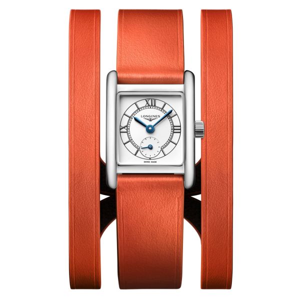 Longines Mini DolceVita quartz watch silver sanded dial orange leather strap double-tour 21,5 x 29 mm