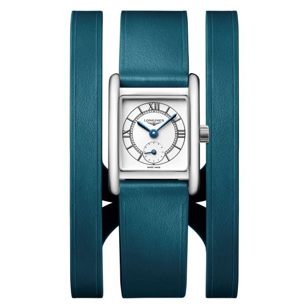 Montre Longines Mini DolceVita quartz cadran argent sablé bracelet cuir double-tour bleu 21,5 x 29 mm