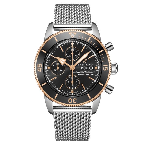 Breitling Superocean Heritage II automatic chronograph rose gold watch milanese mesh bracelet 44 mm