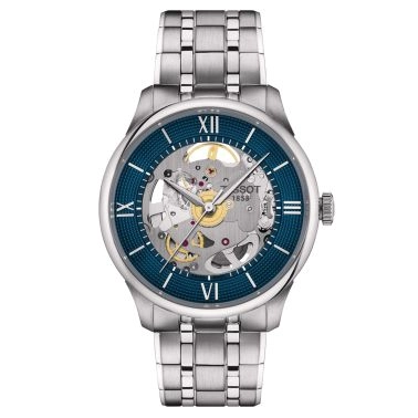Montre Tissot T-Classic Chemin des Tourelles Squelette automatique cadran bleu bracelet acier 39 mm T139.836.11.048.00