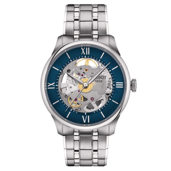 Tissot T-Classic Chemin des Tourelles Skeleton automatic watch blue dial steel bracelet 39 mm T139.836.11.048.00
