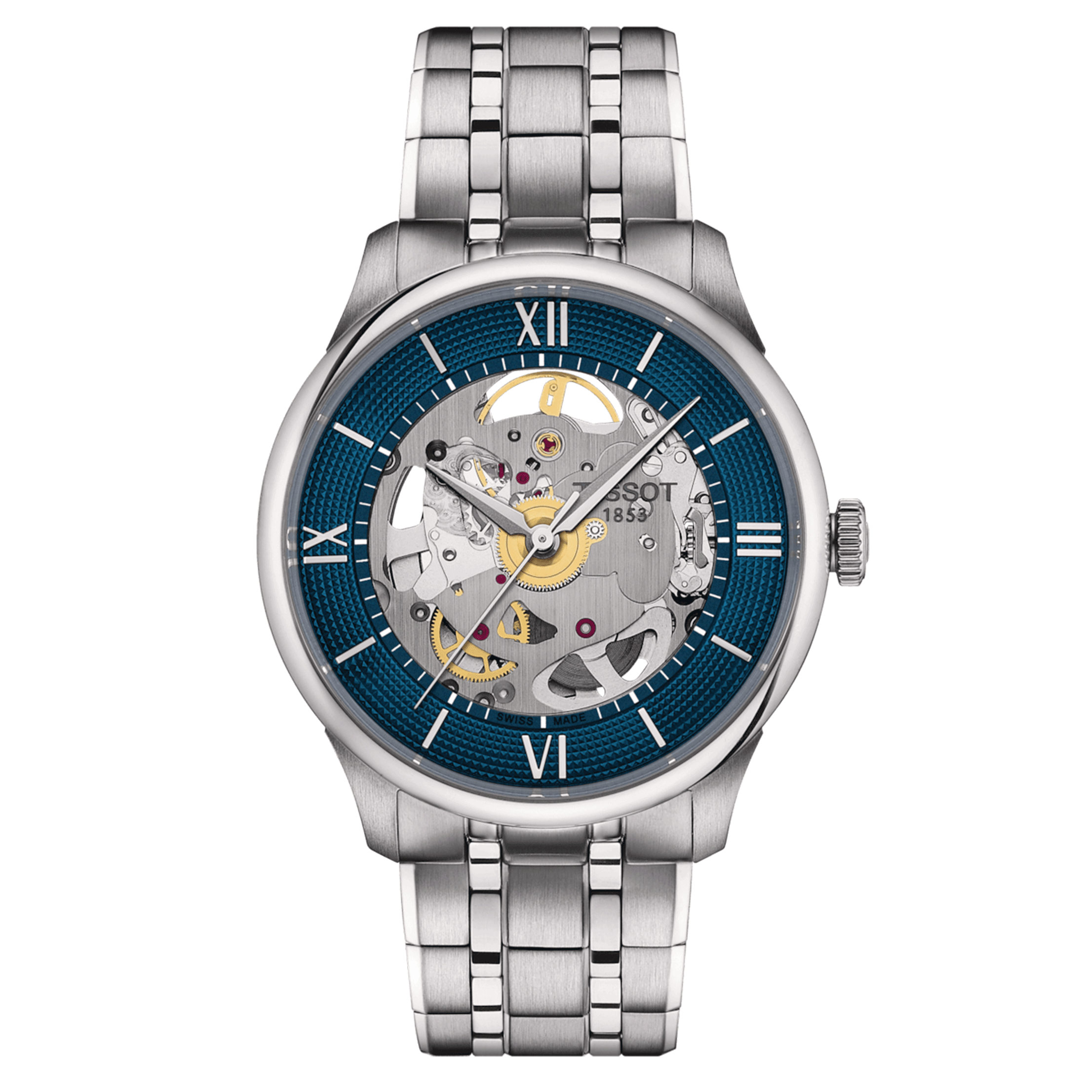 Montre Tissot T-Classic Chemin des Tourelles Squelette automatique cadran bleu bracelet acier 39 mm T139.836.11.048.00