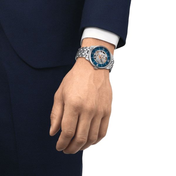 Montre Tissot T-Classic Chemin des Tourelles Squelette automatique cadran bleu bracelet acier 39 mm T139.836.11.048.00