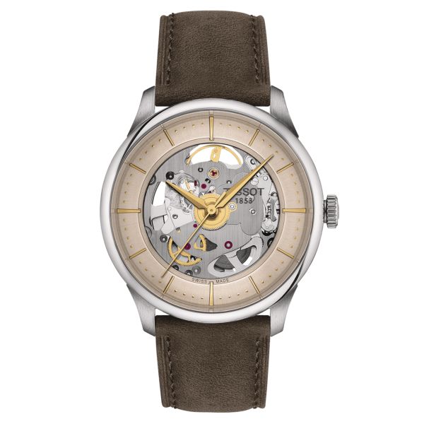 Tissot T-Classic Chemin des Tourelles Squelette automatic watch ivory dial green leather strap 39 mm T139.836.16.261.00